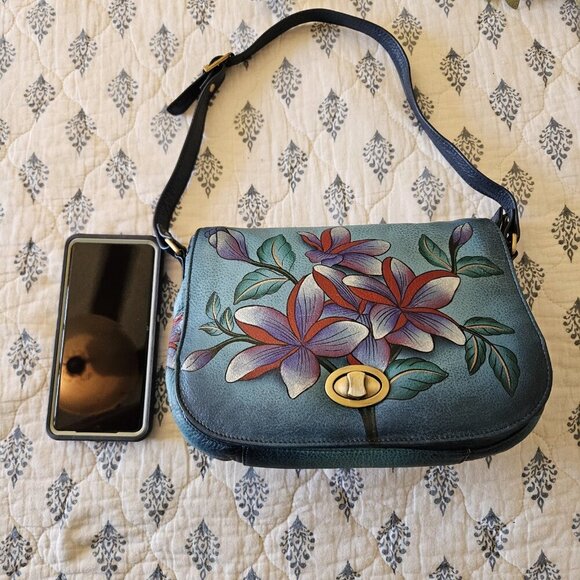 Anuschka Hand Painted Leather Shoulder Bag Blue Floral Turnlock - Picture 9 of 16